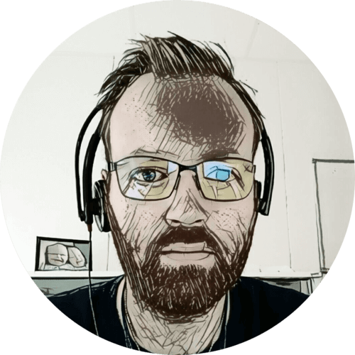 Me, at work, with computer glasses and headphones